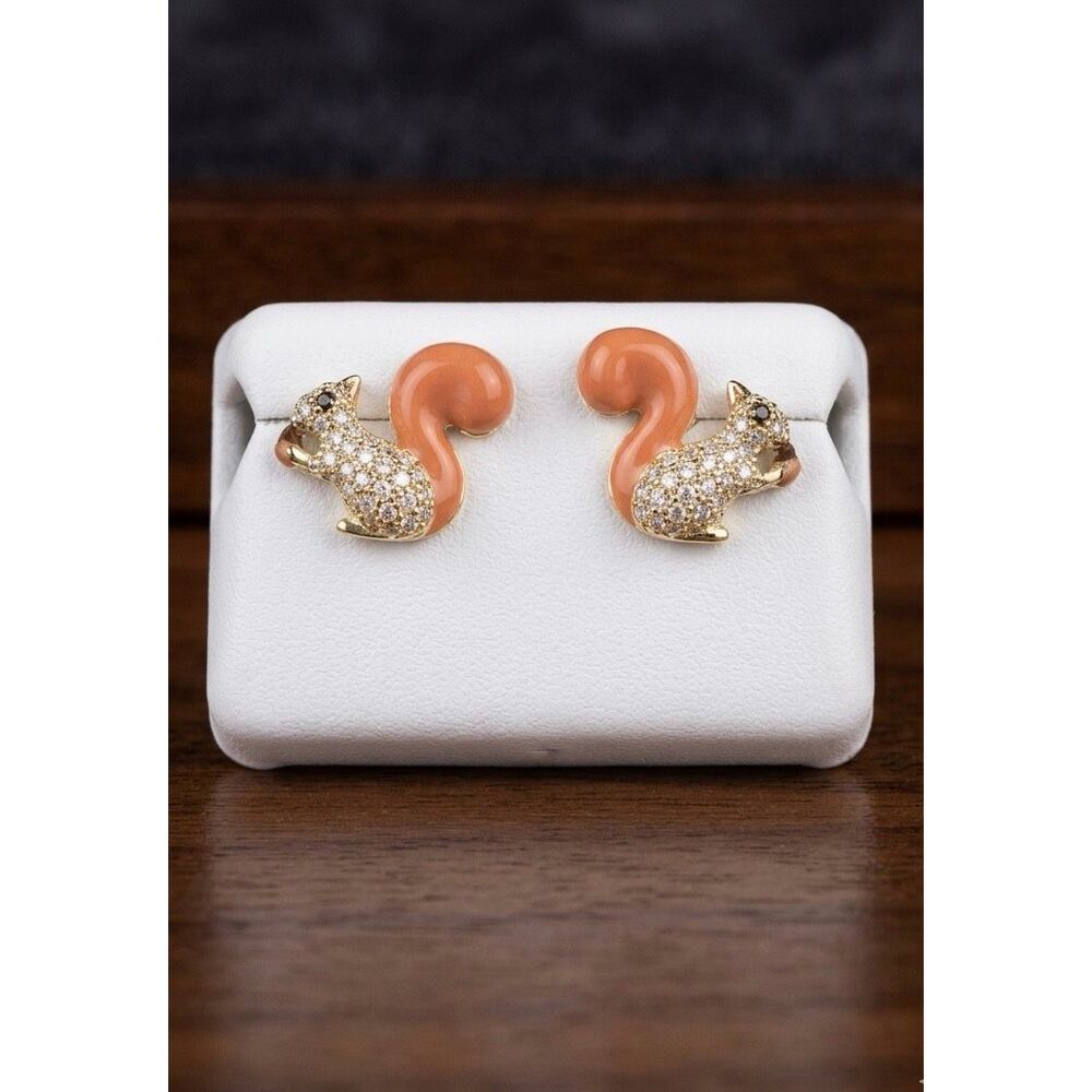 Stunning Pave Moissanite Squirrel Stud Boho Earrings - Black & White Stones New